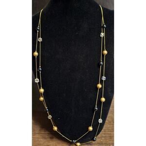 Vintage Fashion 2 Strand Layered Necklace Gold Black Crystal Beads 36"